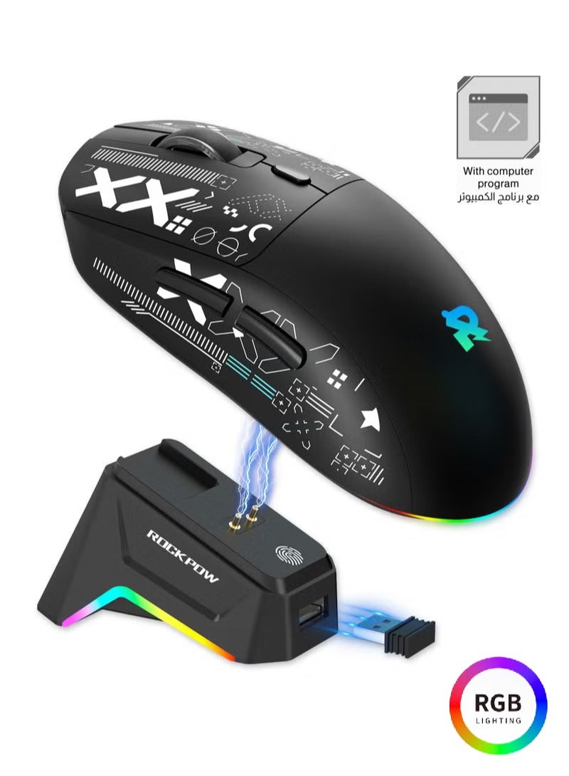 Tri-mode Bluetooth Wireless Gaming Mouse with Magnetic Charging Dock, Lightweight Anti Slip Mouse, High Speed Sensor,12000DPI, 1000Hz, BT/2.4Ghz/Wired Program buttons Ergonomic Design Rechargeable Mice for PC/Mac/Laptop,Black